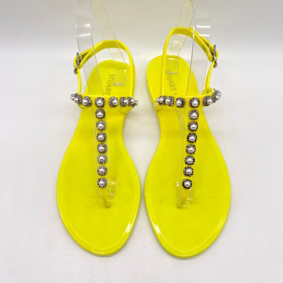 STUART WEITZMAN Goldie Pearl Crystal Jelly Sandals Womens 8 Neon Yellow T-strap - Picture 3 of 12